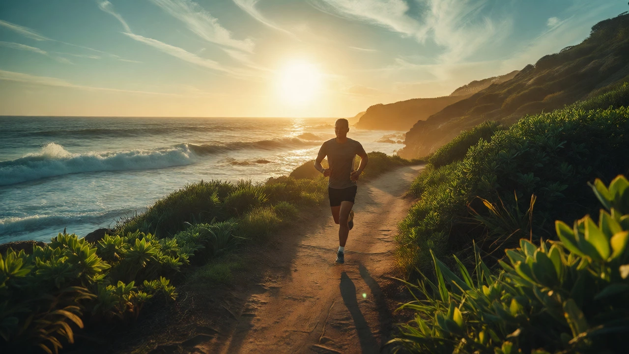 Runner jogging energetically on coastal path at sunset