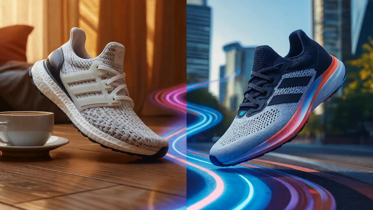 Split view comparing casual adidas Ultraboost and athletic Adizero Boston shoes.
