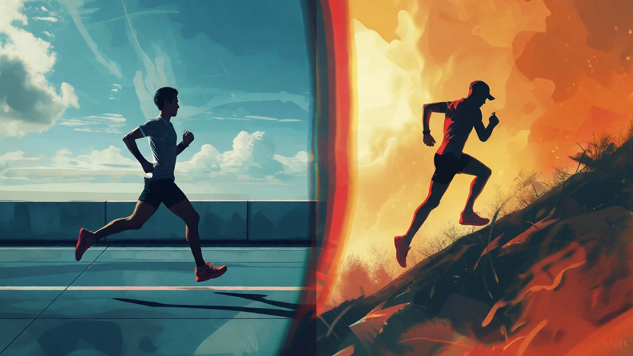 Split view comparing flat vs hilly marathon running conditions