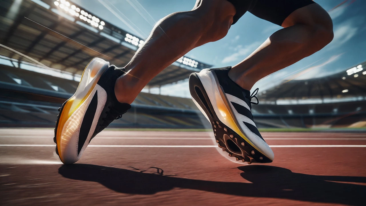 Sprinter in motion wearing lightweight adidas Adizero racing shoes on a track.