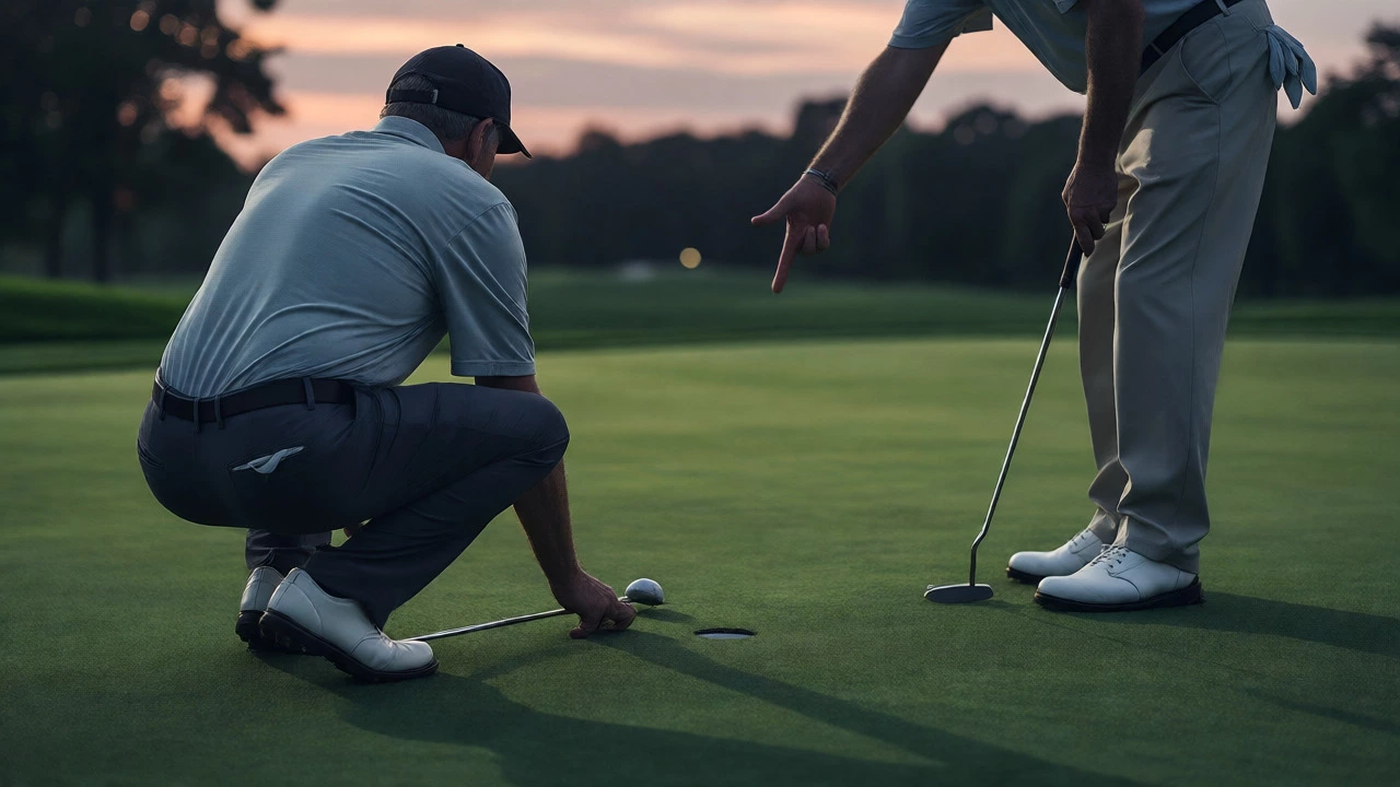 Two golfers reading the break on a putting green