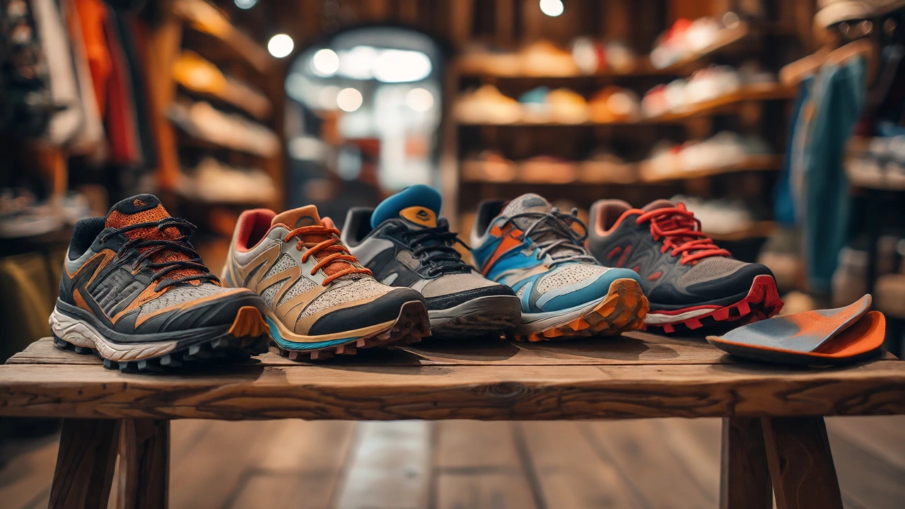 Variety of athletic shoes displayed on a wooden bench in a store